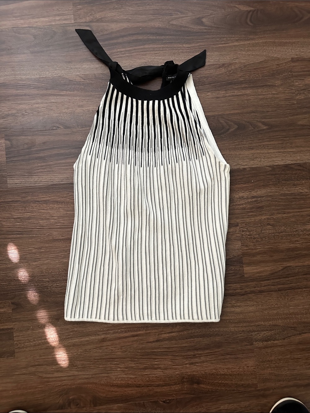 White House Black Market Black & White Ribbed Tie-Neck Halter